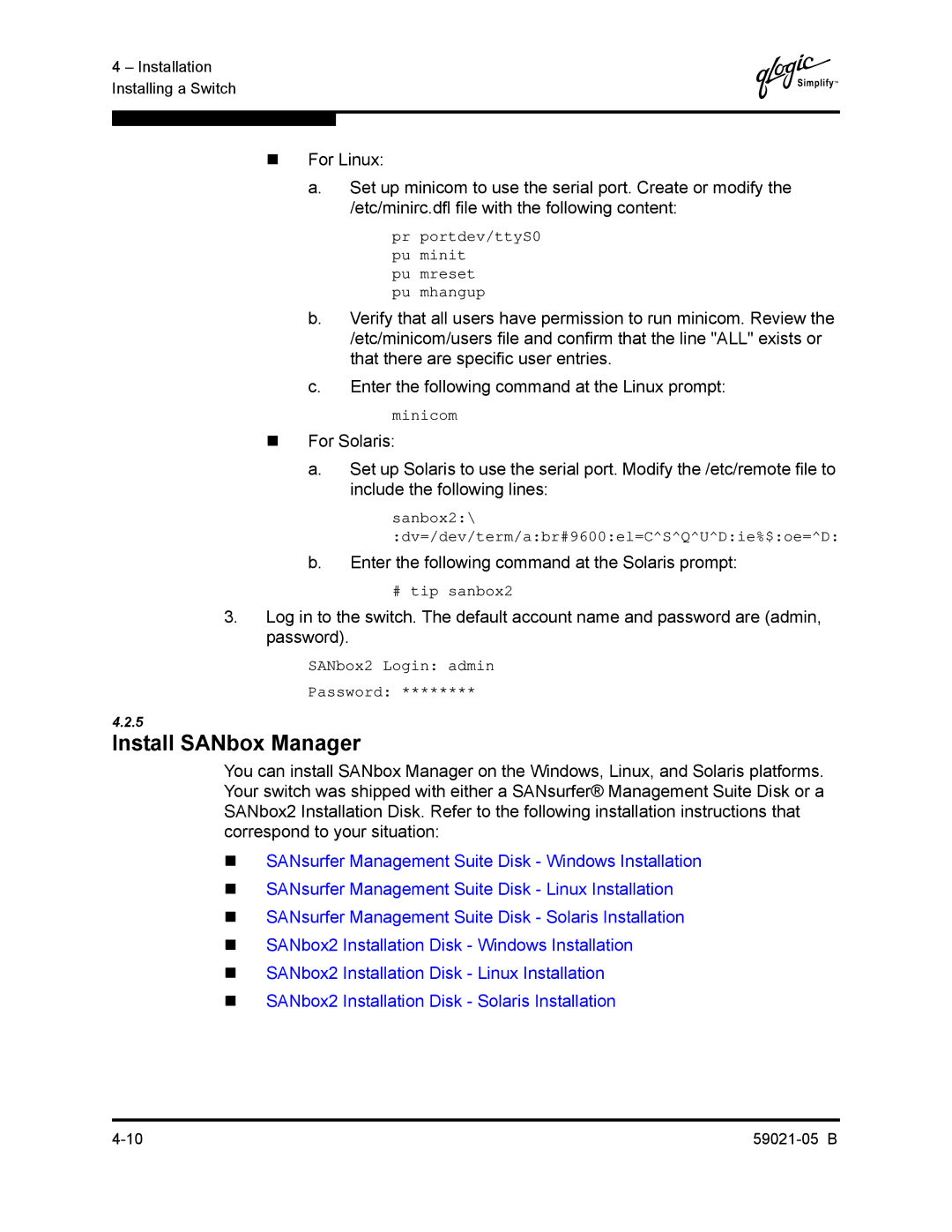 Q-Logic 59021-05 B manual Install SANbox Manager, Enter the following command at the Solaris prompt 