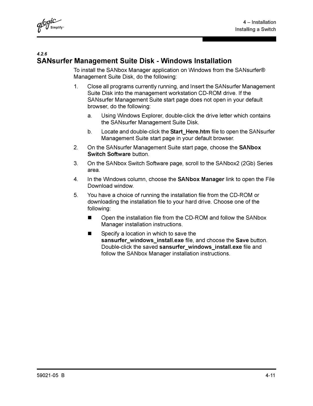 Q-Logic 59021-05 B manual SANsurfer Management Suite Disk Windows Installation 