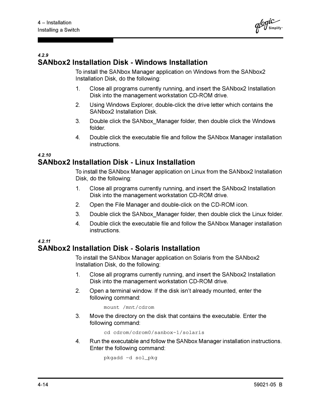 Q-Logic 59021-05 B manual SANbox2 Installation Disk Windows Installation, SANbox2 Installation Disk Linux Installation 