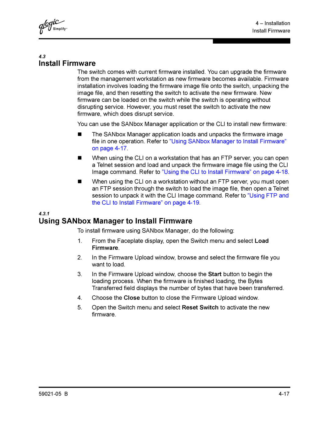 Q-Logic 59021-05 B manual Using SANbox Manager to Install Firmware 