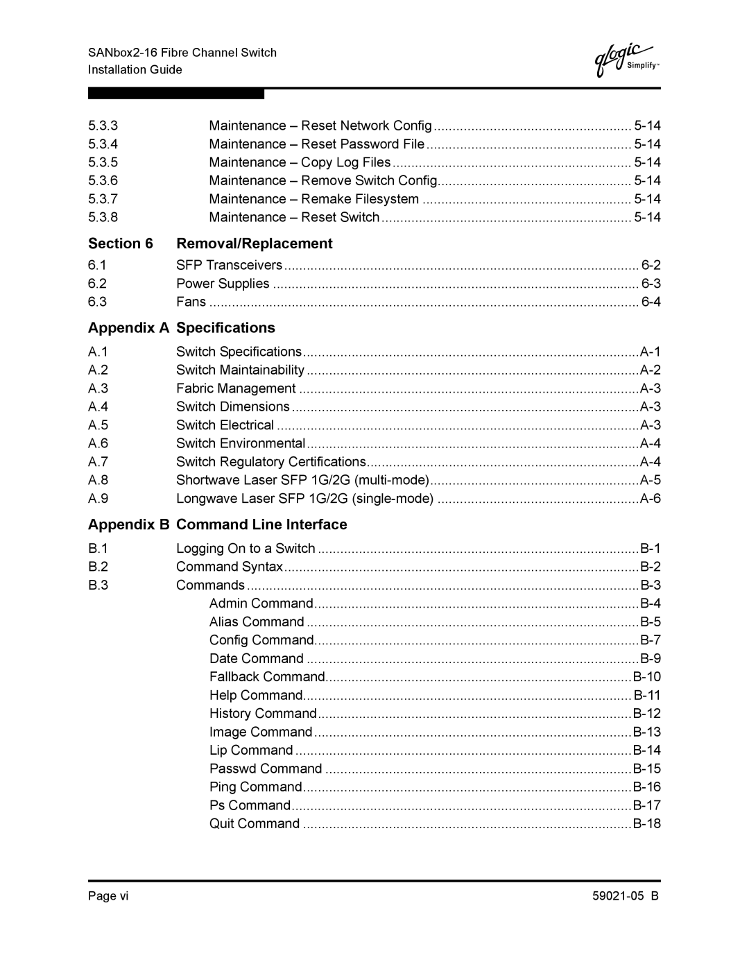 Q-Logic 59021-05 B manual Section Removal/Replacement, Appendix a Specifications, Appendix B Command Line Interface 