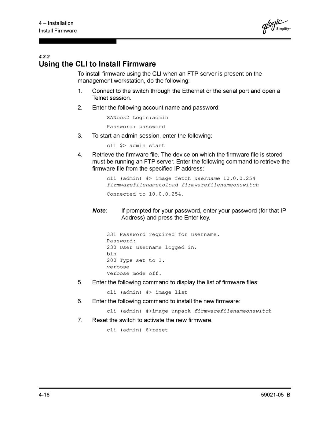 Q-Logic 59021-05 B manual Using the CLI to Install Firmware, To start an admin session, enter the following 