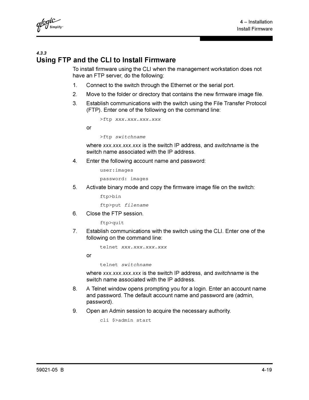 Q-Logic 59021-05 B manual Using FTP and the CLI to Install Firmware, Close the FTP session 