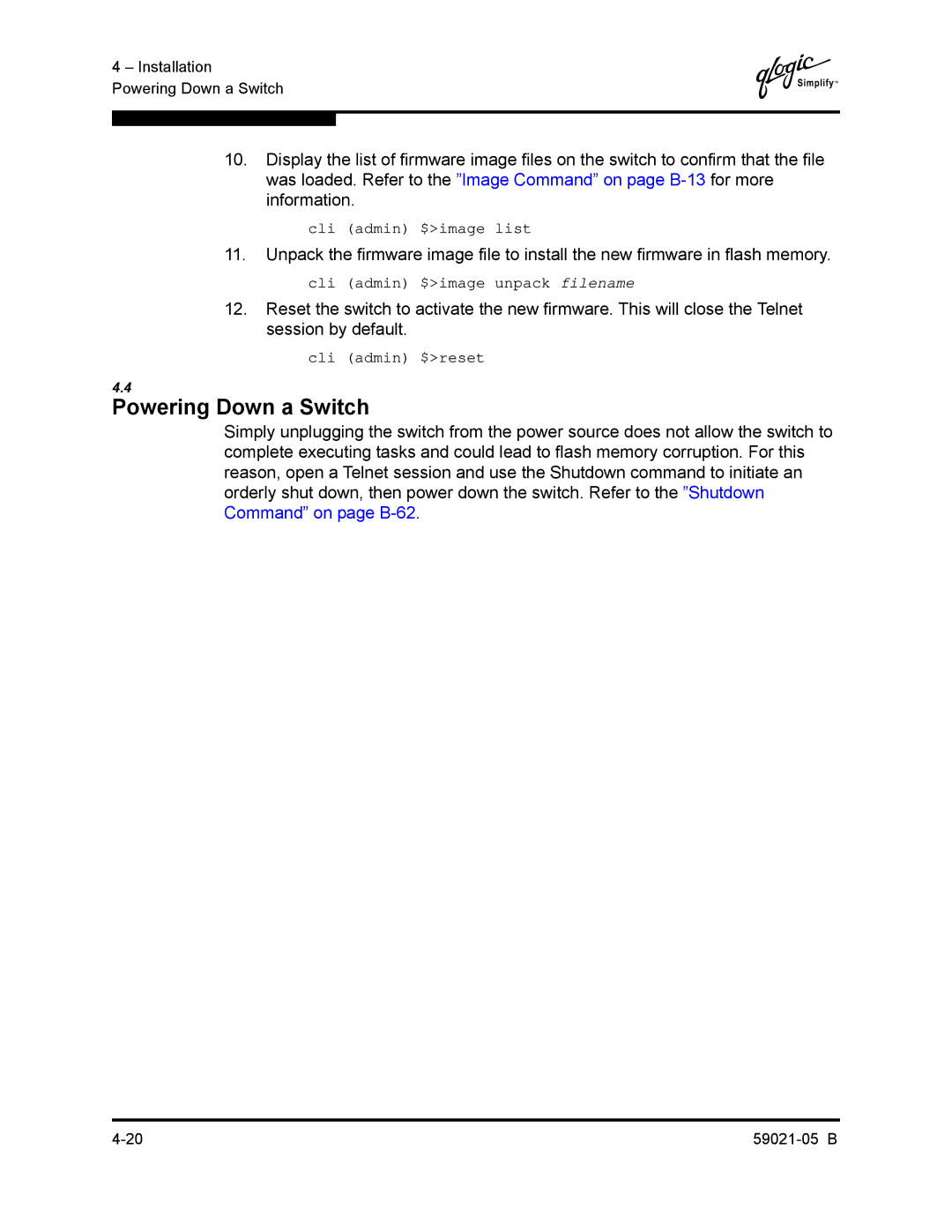 Q-Logic 59021-05 B manual Powering Down a Switch 