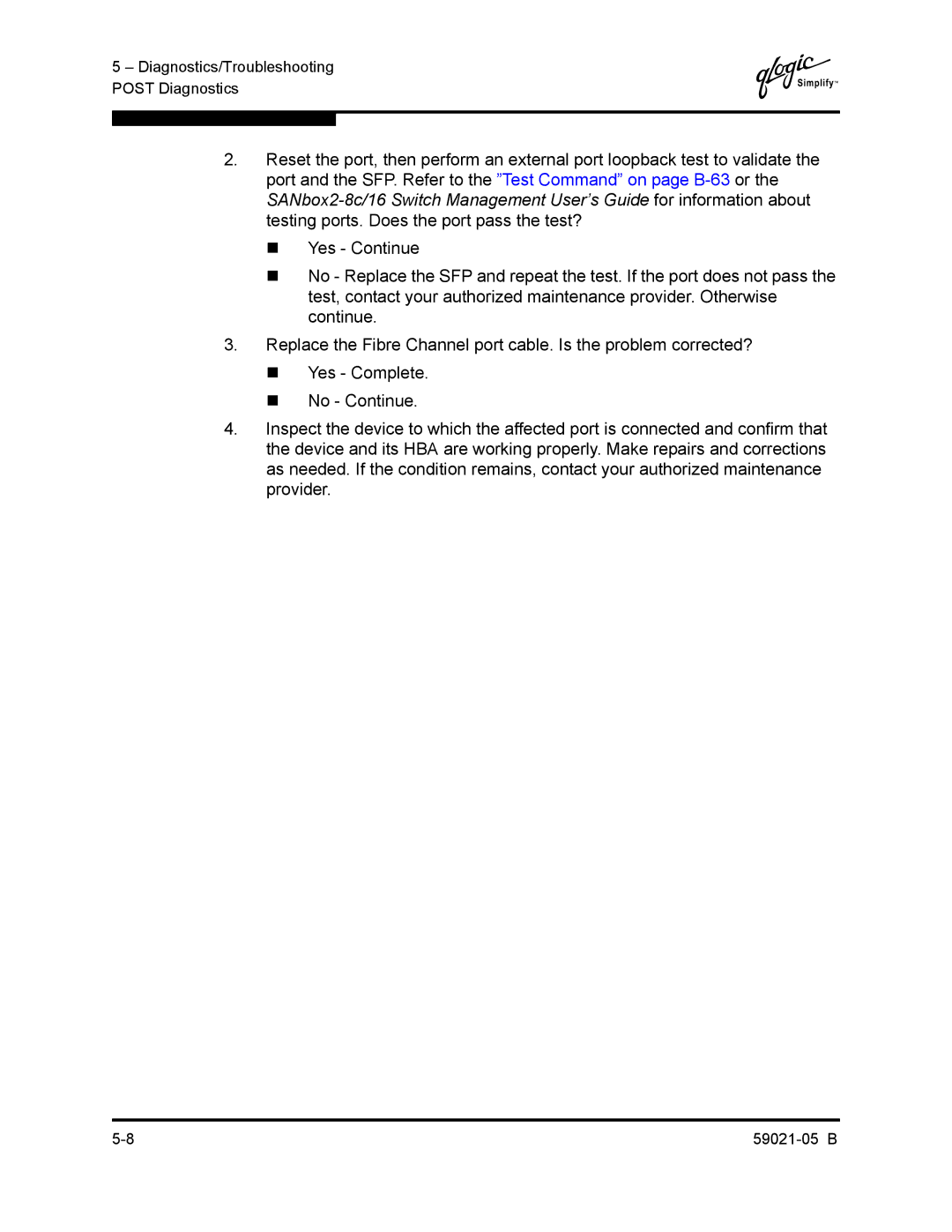 Q-Logic 59021-05 B manual Diagnostics/Troubleshooting Post Diagnostics 