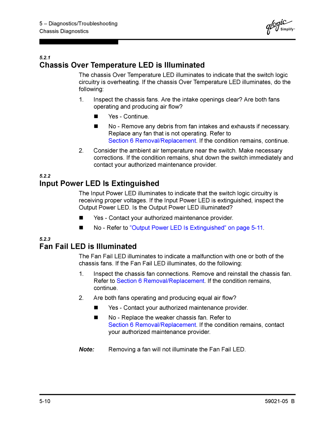 Q-Logic 59021-05 B manual Chassis Over Temperature LED is Illuminated, Input Power LED Is Extinguished 