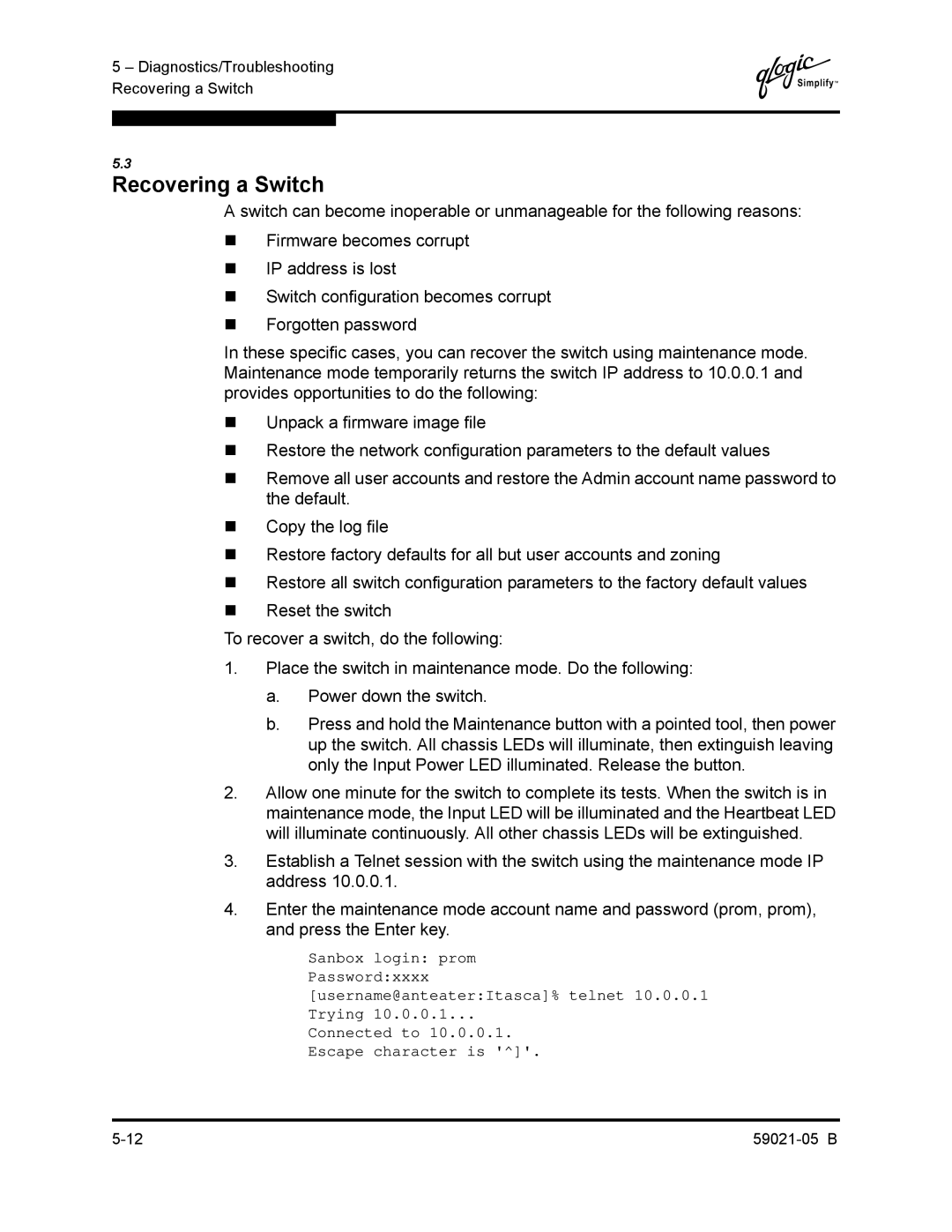 Q-Logic 59021-05 B manual Recovering a Switch 