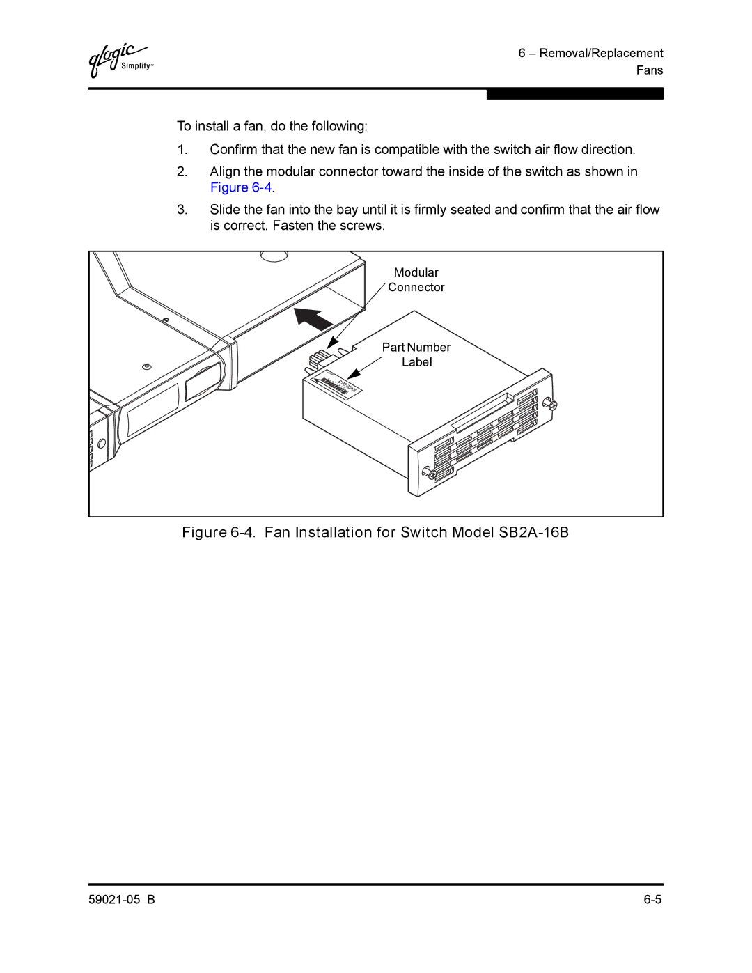 Q-Logic 59021-05 B manual Fan Installation for Switch Model SB2A-16B 