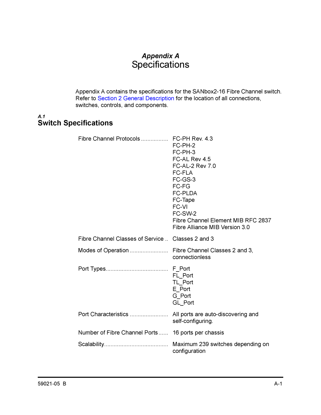 Q-Logic 59021-05 B manual Switch Specifications 