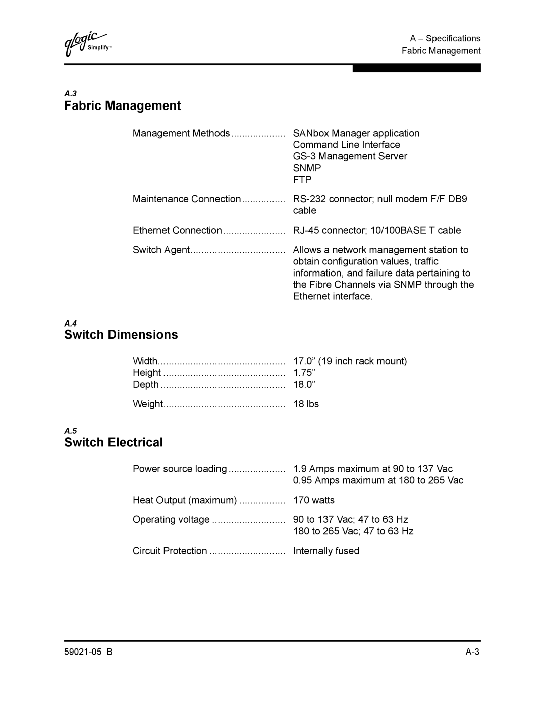 Q-Logic 59021-05 B manual Switch Dimensions, Switch Electrical 