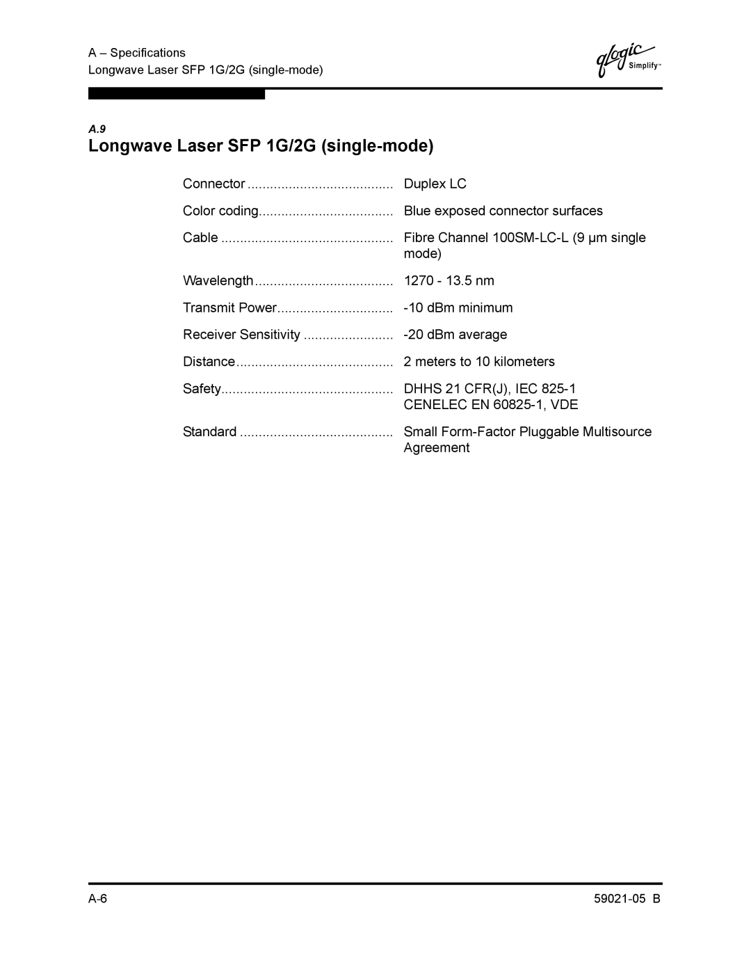 Q-Logic 59021-05 B manual Longwave Laser SFP 1G/2G single-mode 