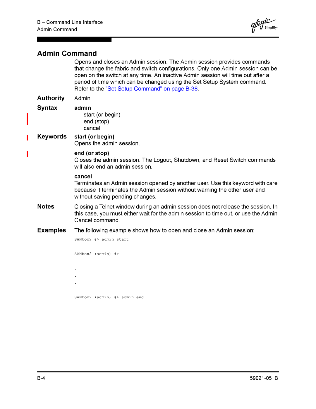 Q-Logic 59021-05 B manual Admin Command, Authority, Syntax, Keywords, Examples 