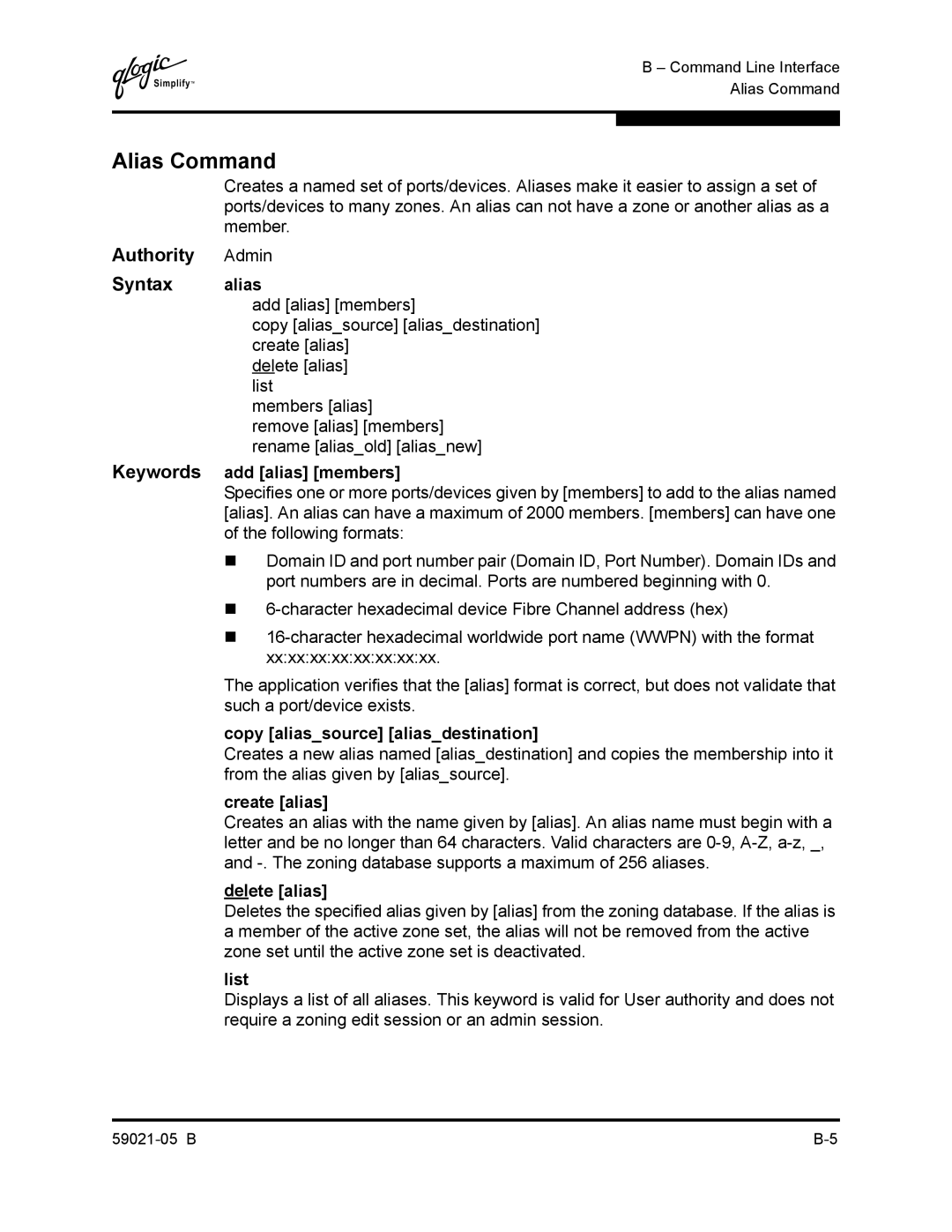 Q-Logic 59021-05 B manual Alias Command, Authority Admin Syntax alias 