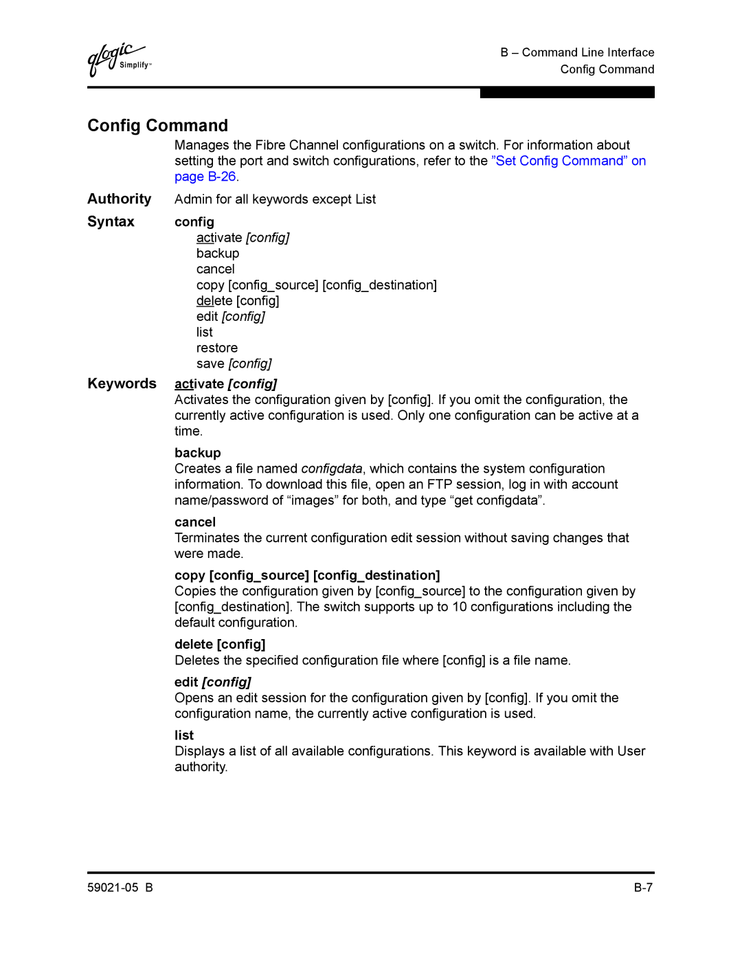 Q-Logic 59021-05 B manual Config Command, Syntax config, Keywords activate config, Edit config 