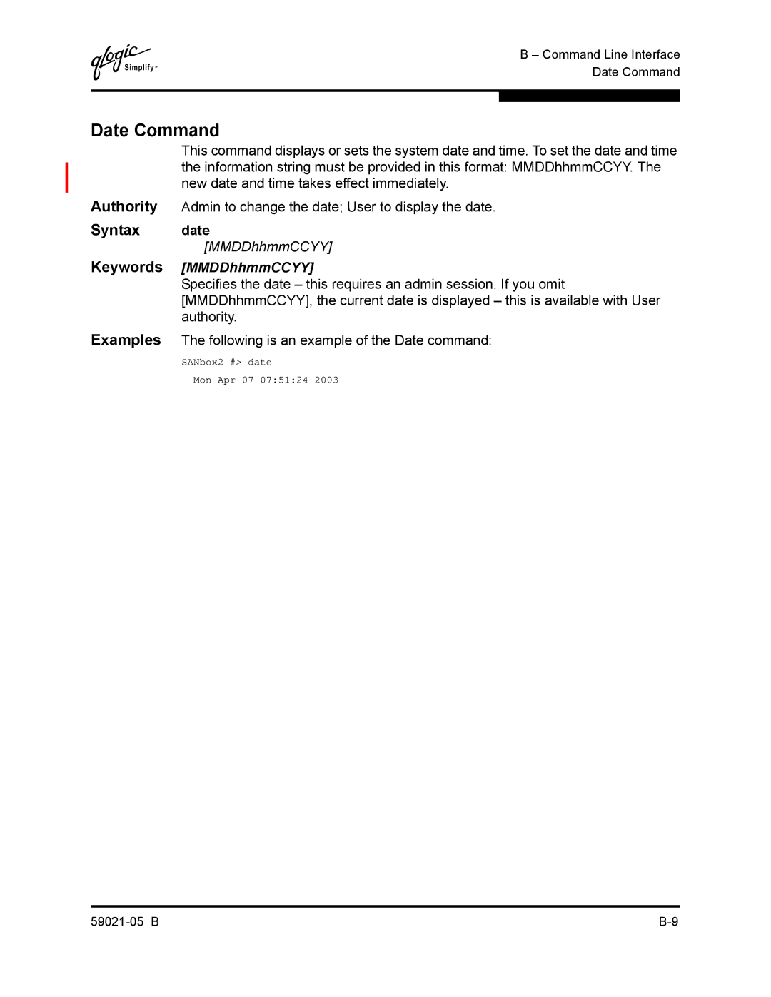 Q-Logic 59021-05 B manual Date Command, Syntax date, Keywords MMDDhhmmCCYY 