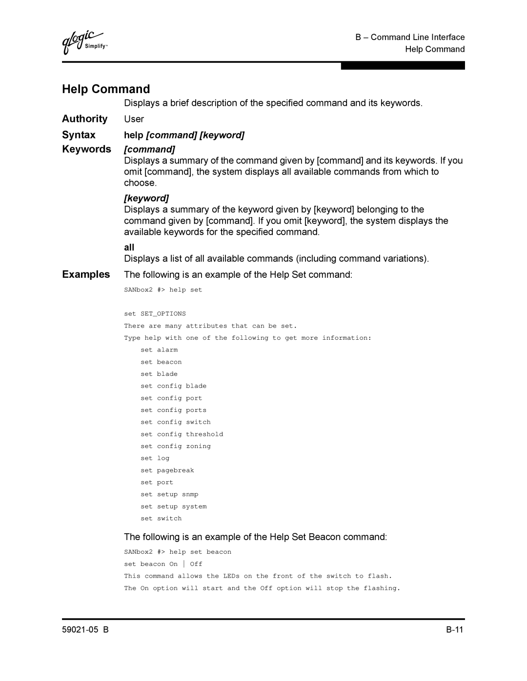 Q-Logic 59021-05 B manual Help Command, Authority User, Keywords command, Syntax help command keyword 