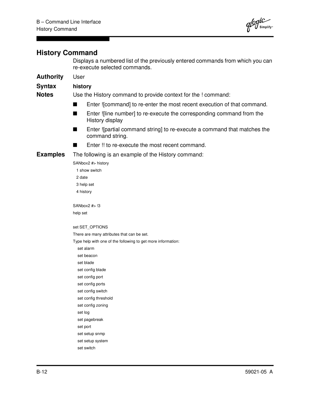 Q-Logic 59021-05 manual History Command, User 