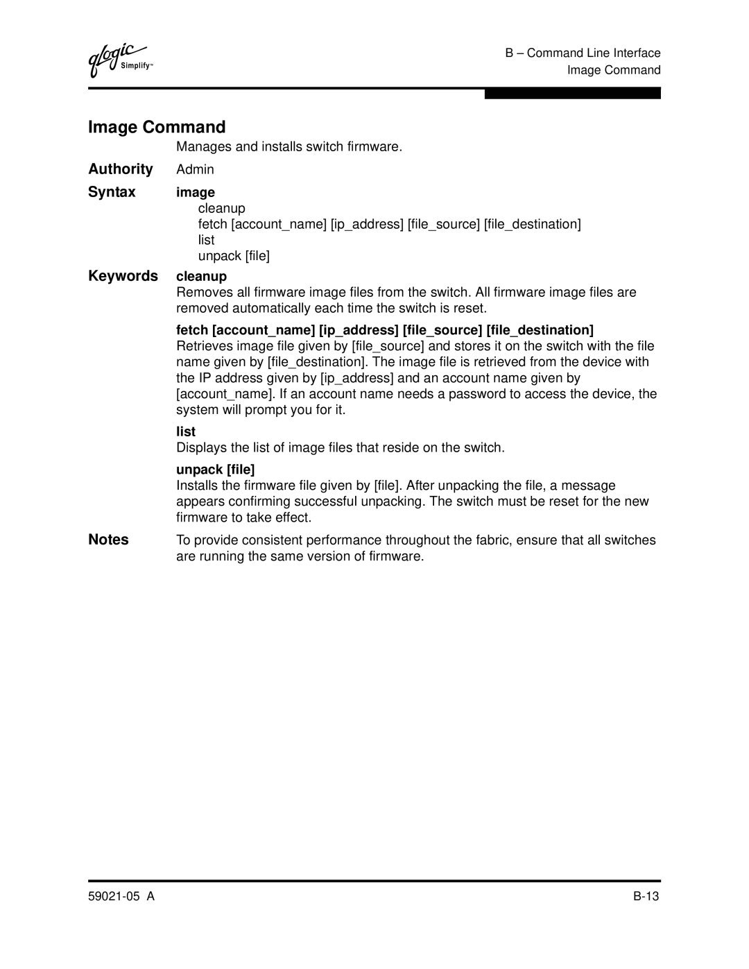 Q-Logic 59021-05 manual Image Command, Authority Admin Syntax image cleanup, Keywords cleanup, Unpack file 