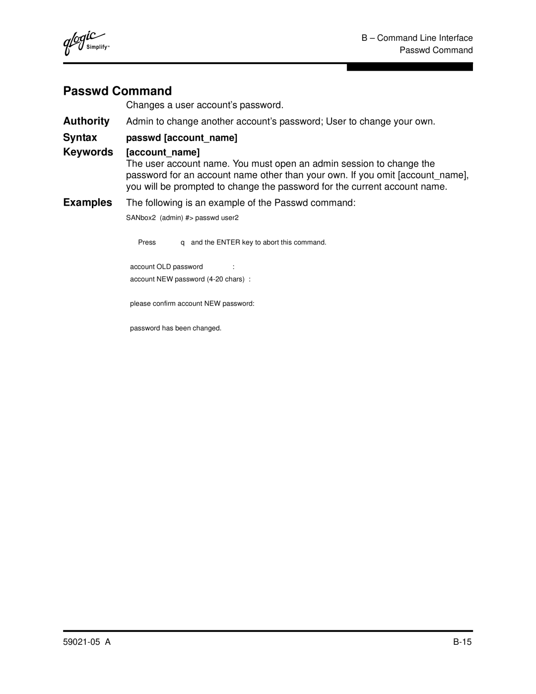 Q-Logic 59021-05 manual Passwd Command, Passwd accountname, Accountname 