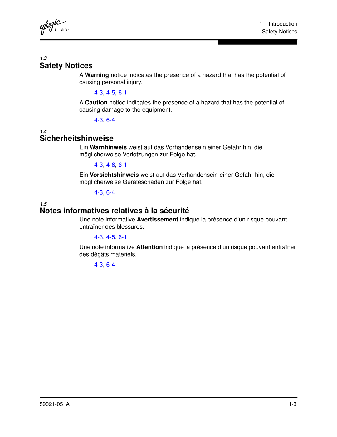 Q-Logic 59021-05 manual Safety Notices, Sicherheitshinweise 