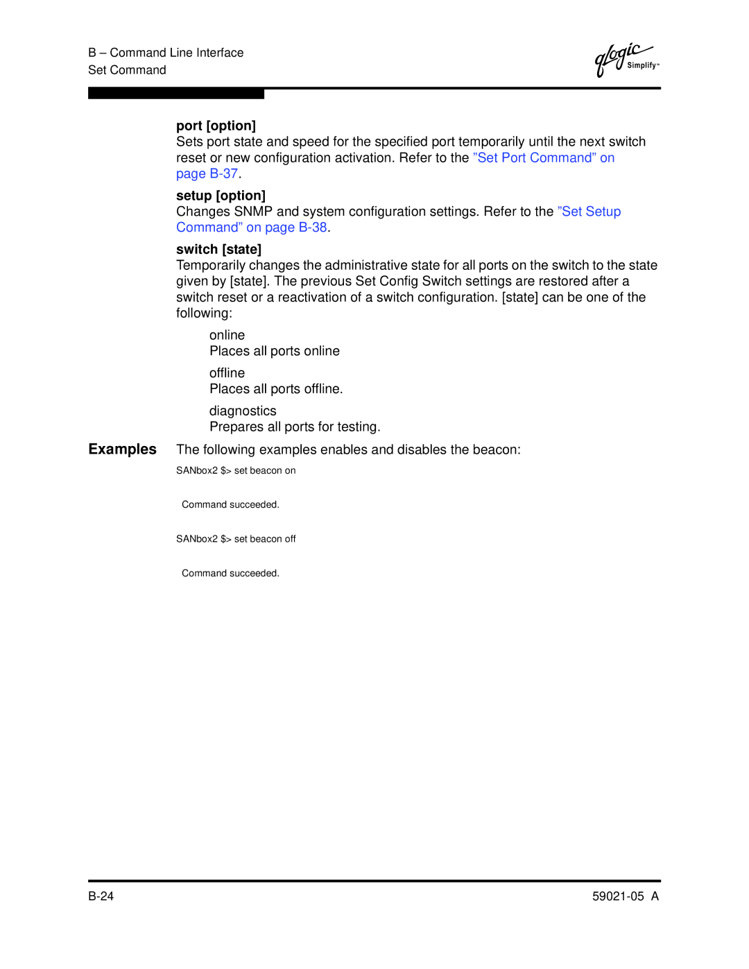 Q-Logic 59021-05 manual Port option, Setup option, Switch state 