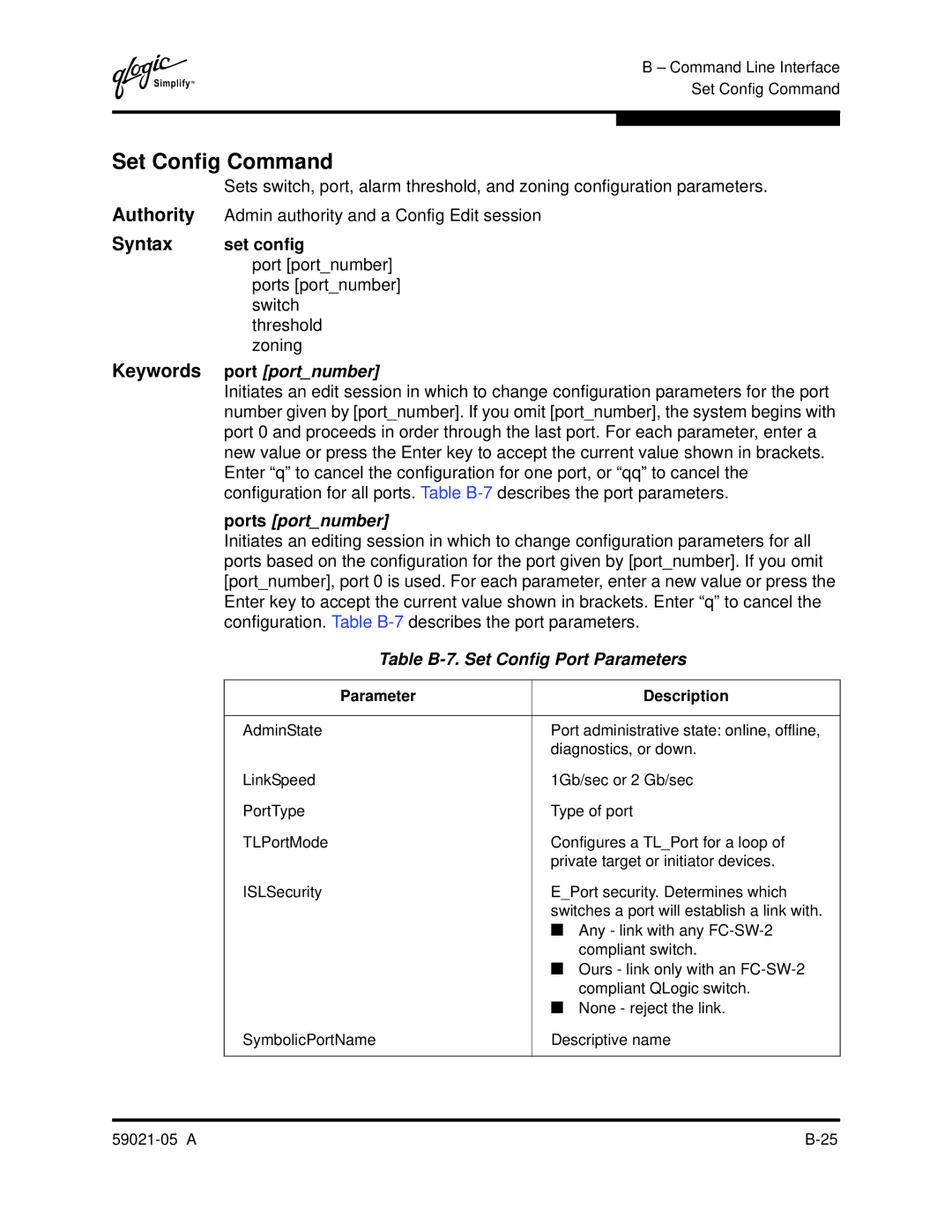 Q-Logic 59021-05 Set Config Command, Set config, Port portnumber, Ports portnumber, Table B-7. Set Config Port Parameters 