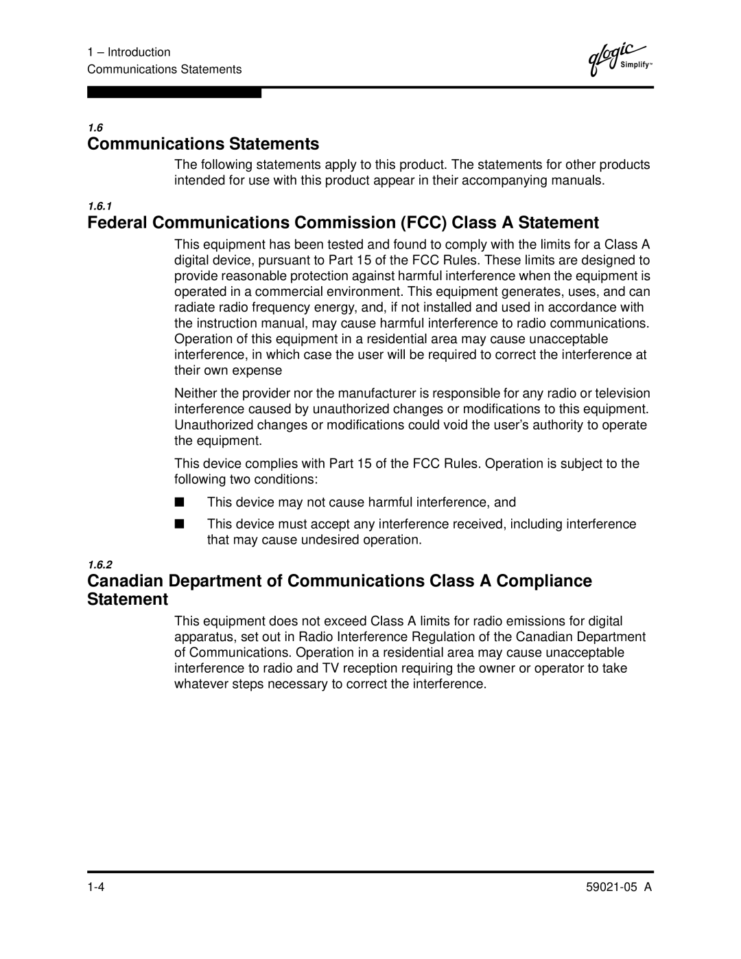 Q-Logic 59021-05 manual Communications Statements, Federal Communications Commission FCC Class a Statement 