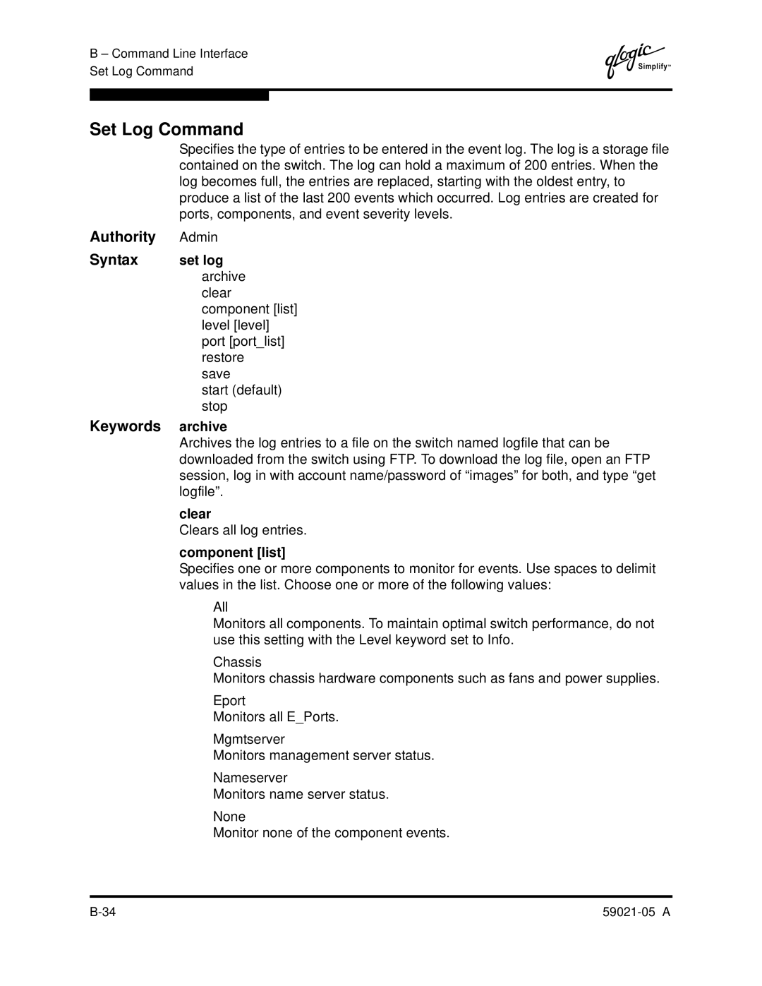 Q-Logic 59021-05 manual Set Log Command, Set log, Archive, Clear, Component list 