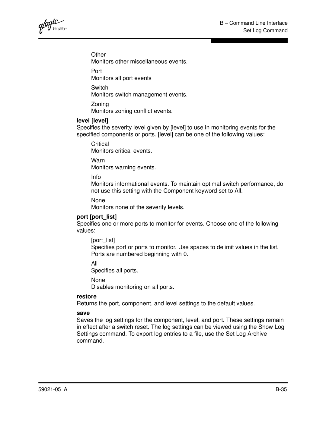 Q-Logic 59021-05 manual Level level, Port portlist, Save 