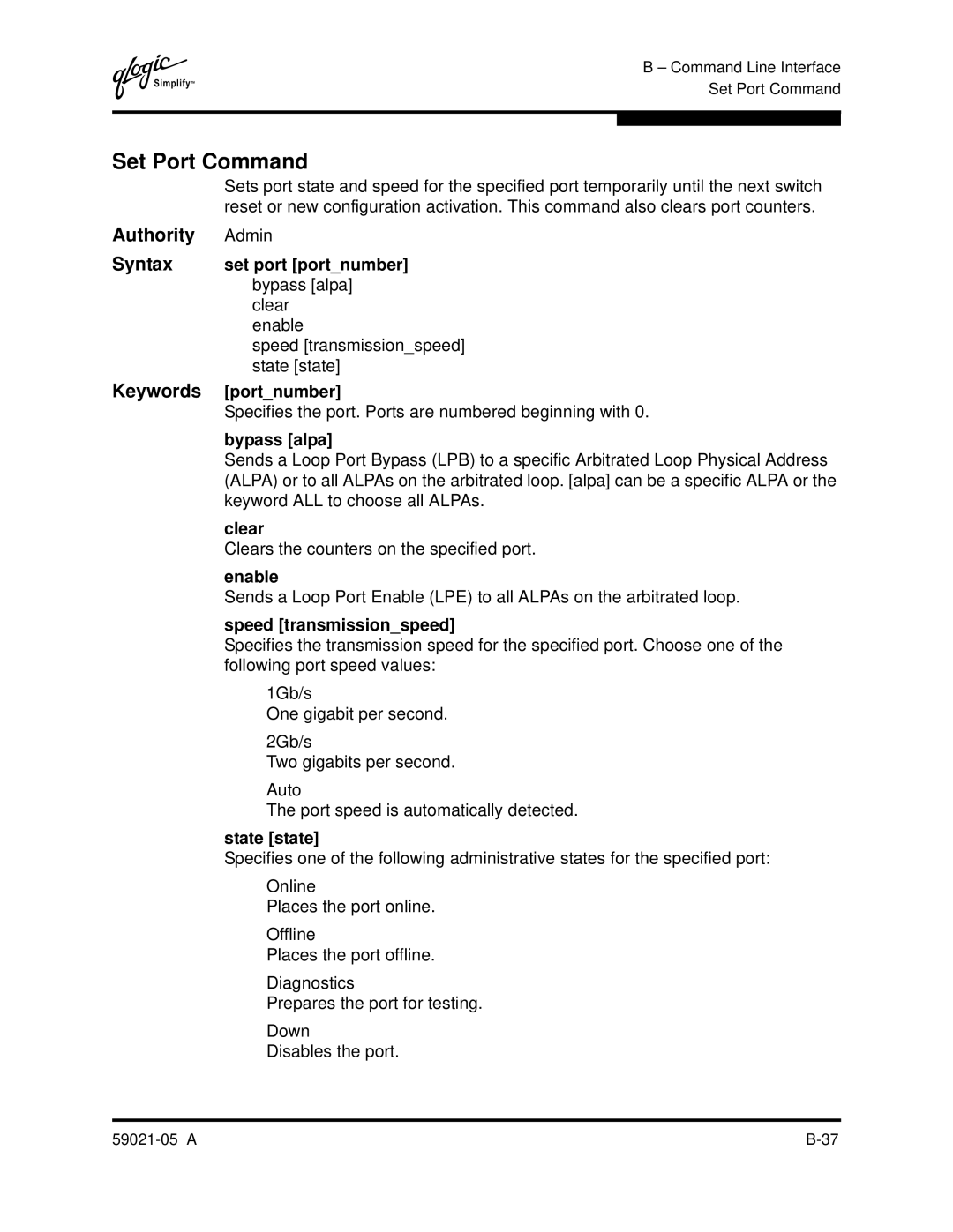 Q-Logic 59021-05 manual Set Port Command, Authority Admin 