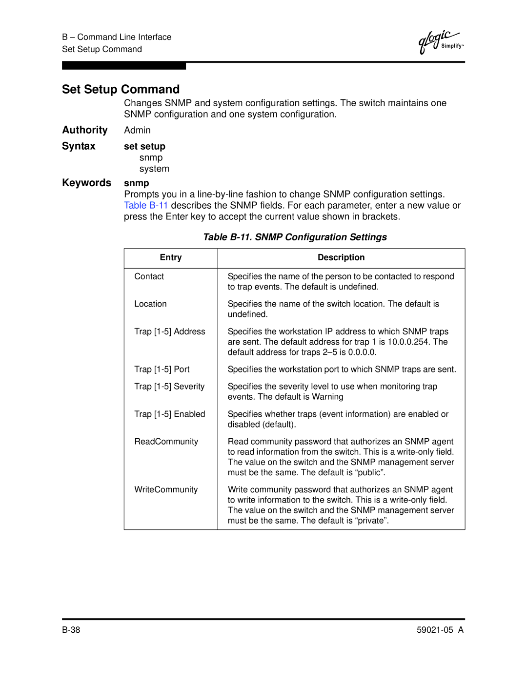 Q-Logic 59021-05 manual Set Setup Command, Set setup, System, Table B-11. Snmp Configuration Settings 