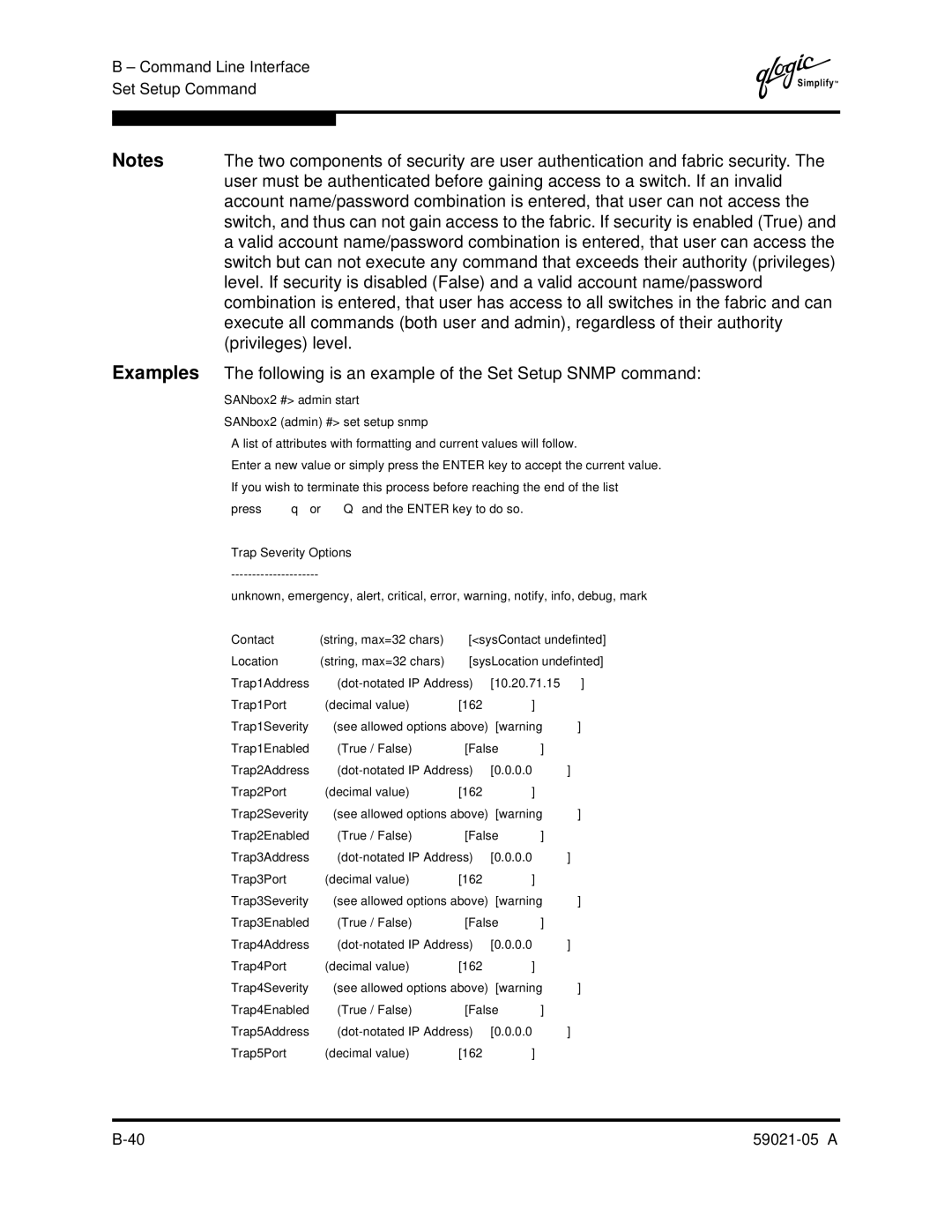 Q-Logic 59021-05 manual SANbox2 admin # set setup snmp 