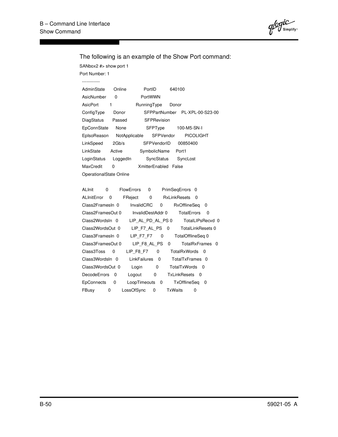 Q-Logic 59021-05 manual Following is an example of the Show Port command, Picolight 