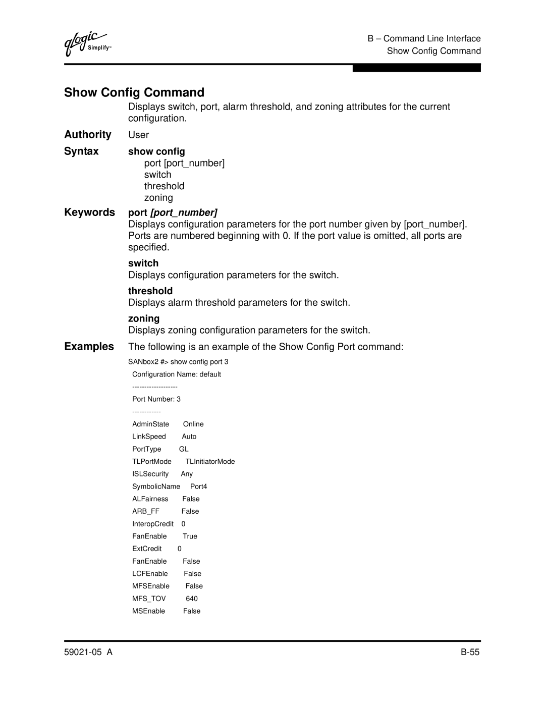 Q-Logic 59021-05 manual Show Config Command, Show config 