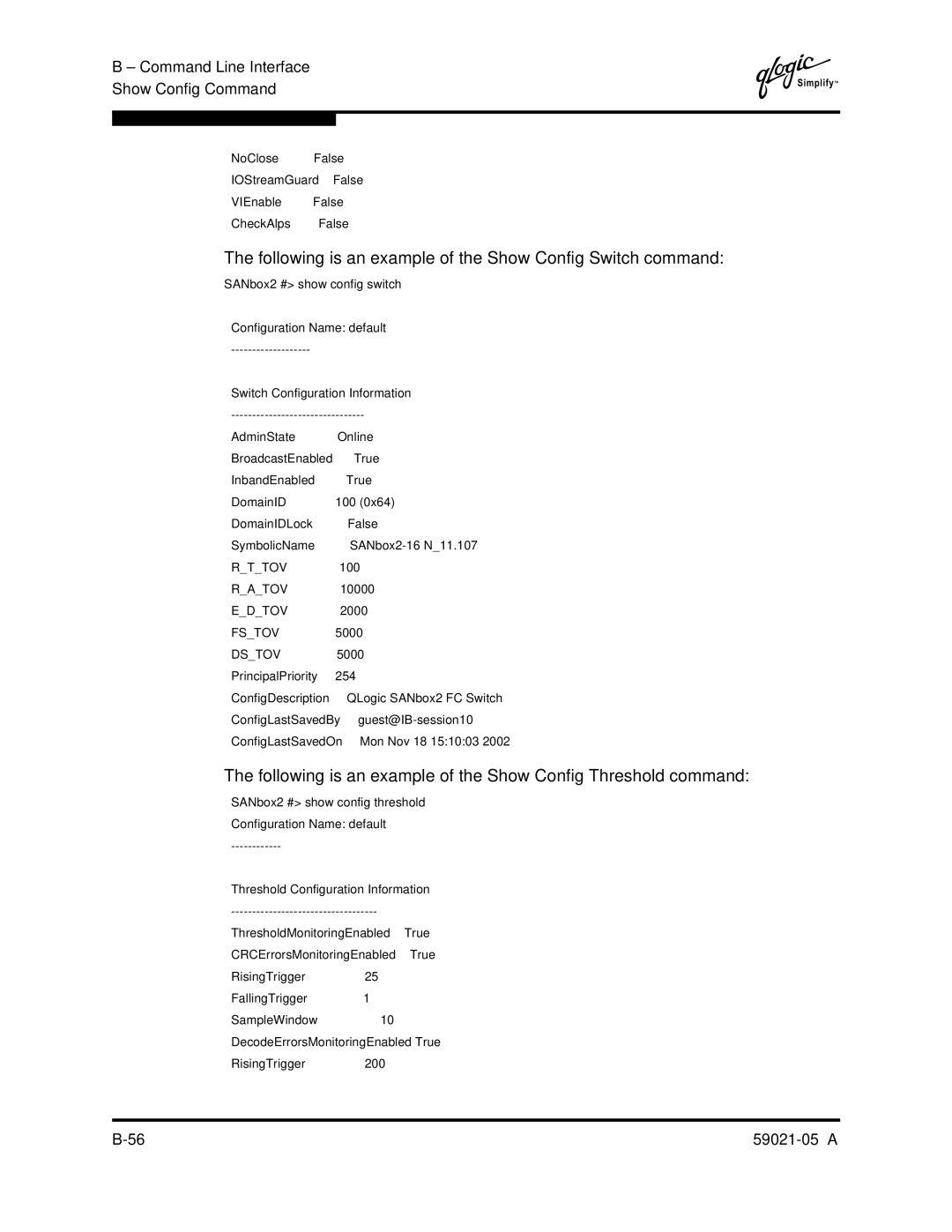 Q-Logic 59021-05 manual Following is an example of the Show Config Switch command 