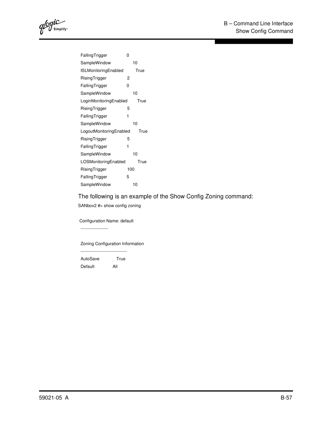 Q-Logic 59021-05 manual Following is an example of the Show Config Zoning command 