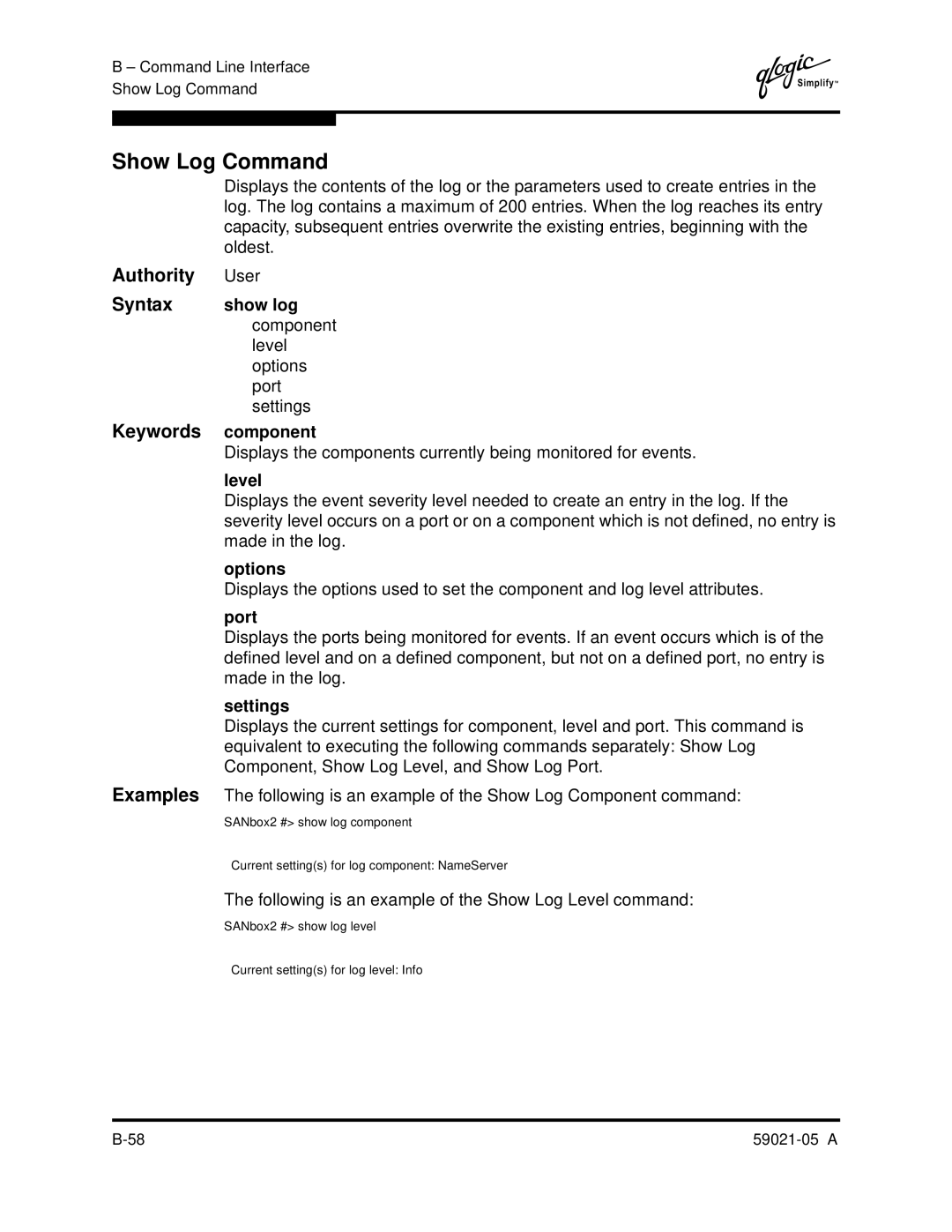 Q-Logic 59021-05 manual Show Log Command, Keywords component 