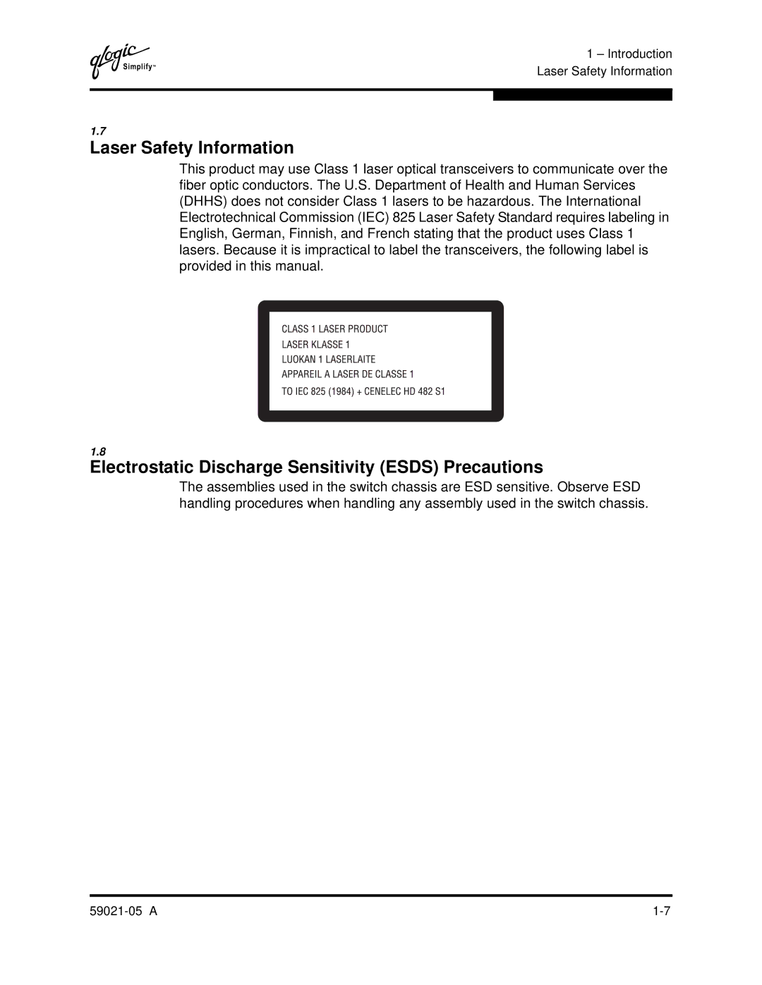 Q-Logic 59021-05 manual Laser Safety Information, Electrostatic Discharge Sensitivity Esds Precautions 