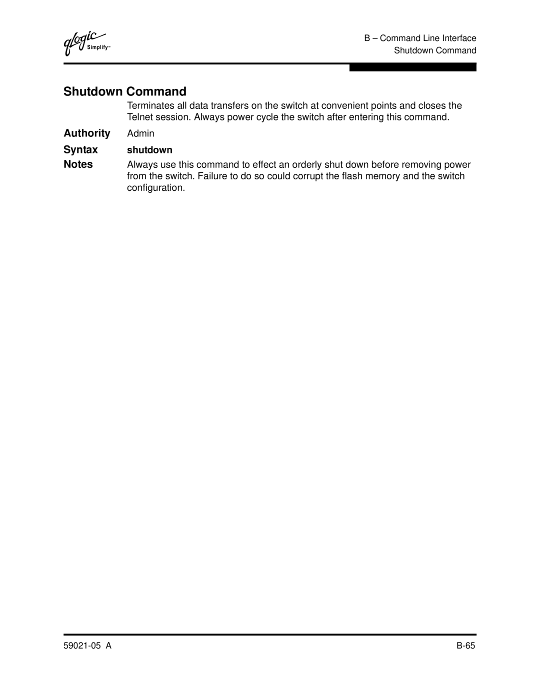 Q-Logic 59021-05 manual Shutdown Command, Syntax shutdown 