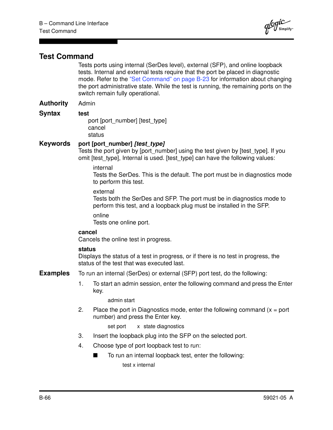 Q-Logic 59021-05 manual Test Command, Authority Admin Syntax test, Keywords port portnumber testtype, Status 