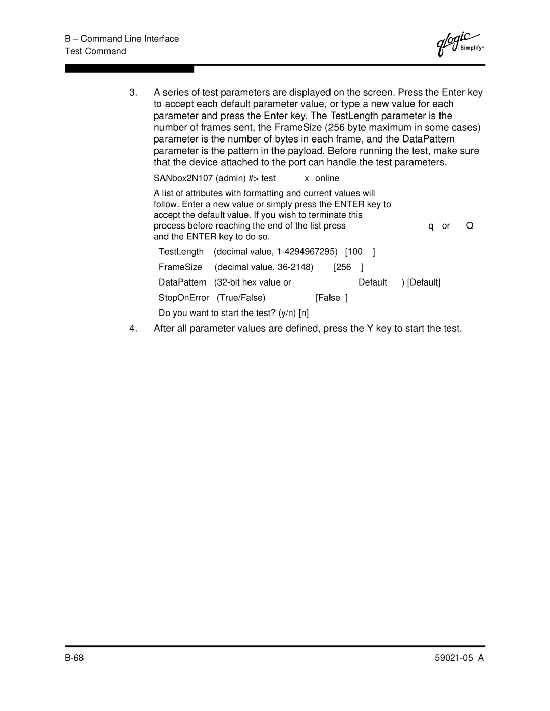 Q-Logic 59021-05 manual Command Line Interface Test Command 