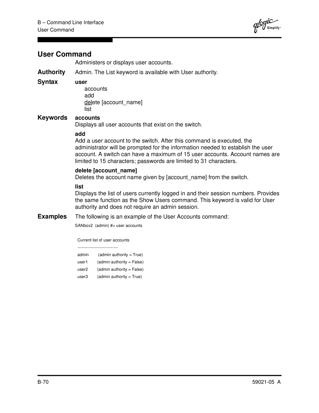 Q-Logic 59021-05 manual User Command, Accounts, Add, Delete accountname 