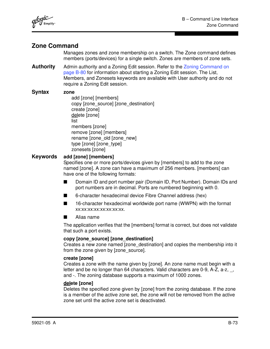 Q-Logic 59021-05 manual Zone Command, Syntax zone 