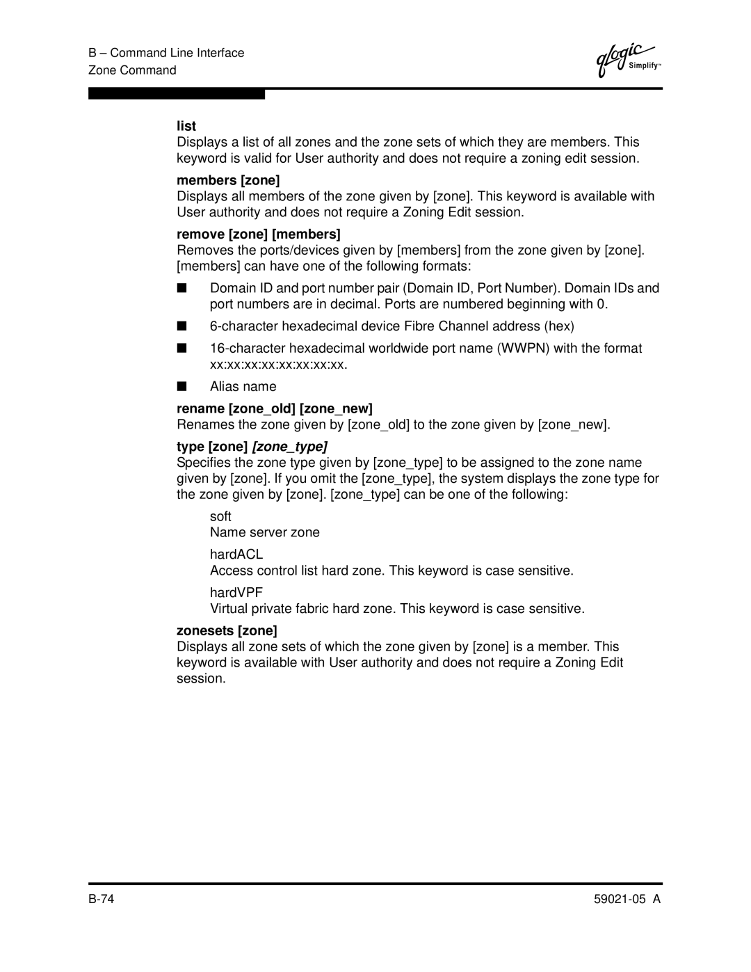 Q-Logic 59021-05 manual Members zone, Remove zone members, Rename zoneold zonenew, Type zone zonetype, Zonesets zone 