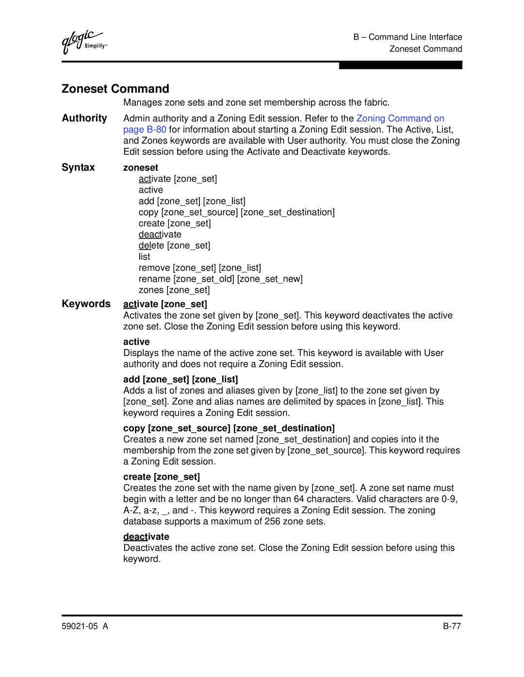 Q-Logic 59021-05 manual Zoneset Command, Syntax zoneset 