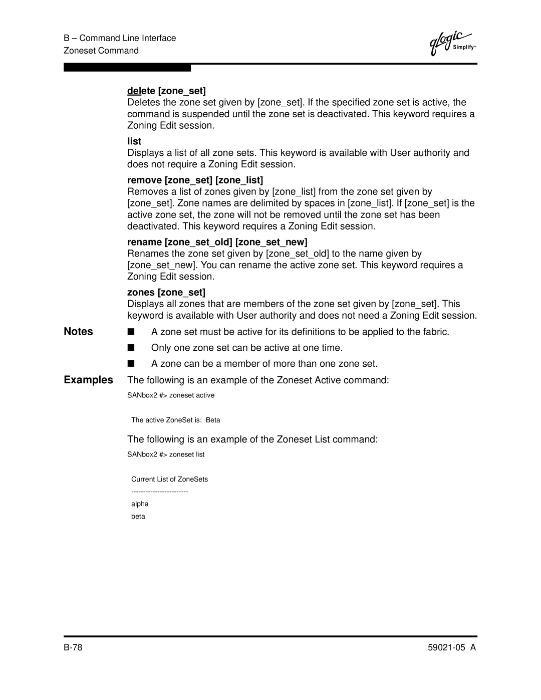 Q-Logic 59021-05 manual Delete zoneset, Remove zoneset zonelist, Rename zonesetold zonesetnew, Zones zoneset 