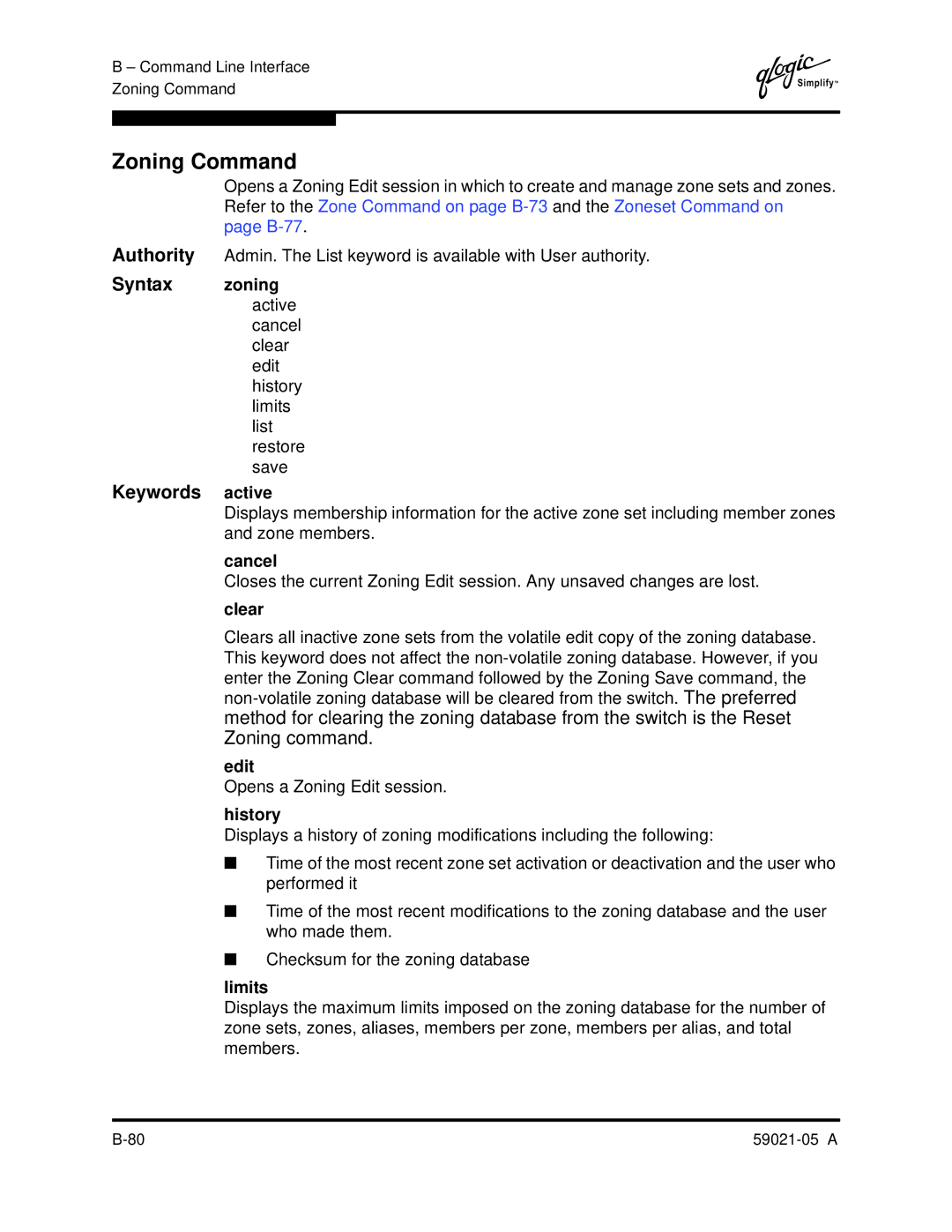 Q-Logic 59021-05 manual Zoning Command, Keywords active, Opens a Zoning Edit session, Limits 