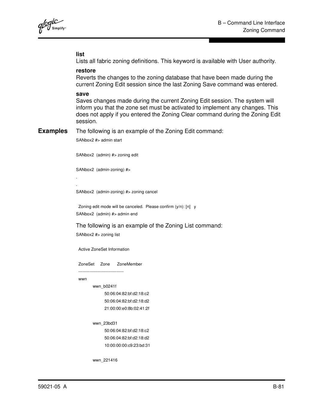 Q-Logic 59021-05 manual Following is an example of the Zoning List command 