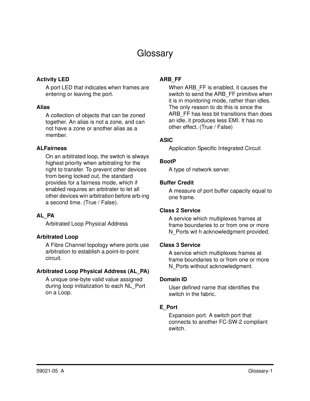 Q-Logic 59021-05 Activity LED, Alias, ALFairness, Arbitrated Loop Physical Address Alpa, BootP, Buffer Credit, EPort 