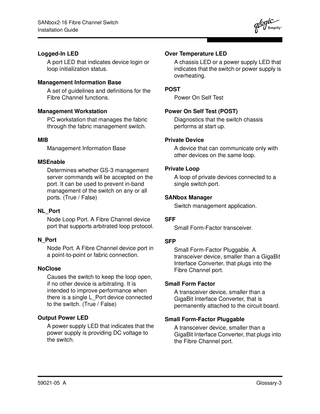 Q-Logic 59021-05 Logged-In LED, Management Information Base, Management Workstation, MSEnable, NLPort, NPort, NoClose 